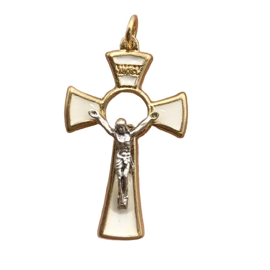 1.5" SMALL GOLD AND WHITE  ROUND CRUCIFIX