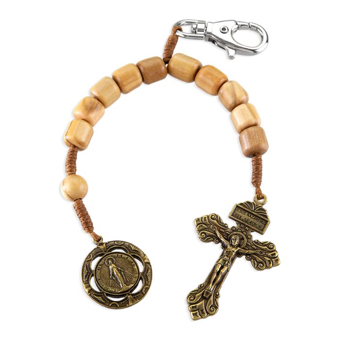 Miraculous Medal One Decade Wood Rosary Backpack Clip
