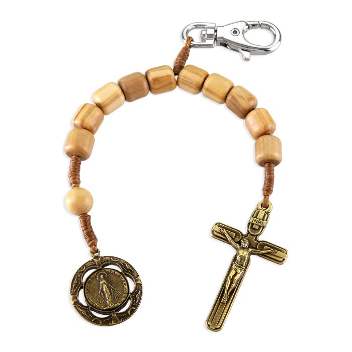 Miraculous Medal One Decade Wood Rosary Backpack Clip