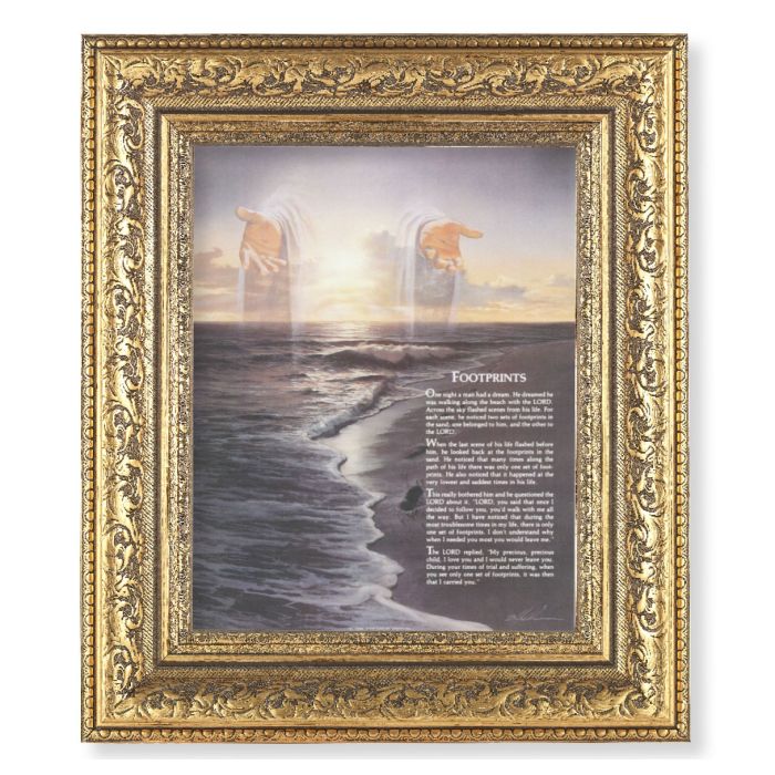12 1/2" x 14 1/2" Ornate Gold Leaf Antique Frame with 8" x 10" Footprints Print