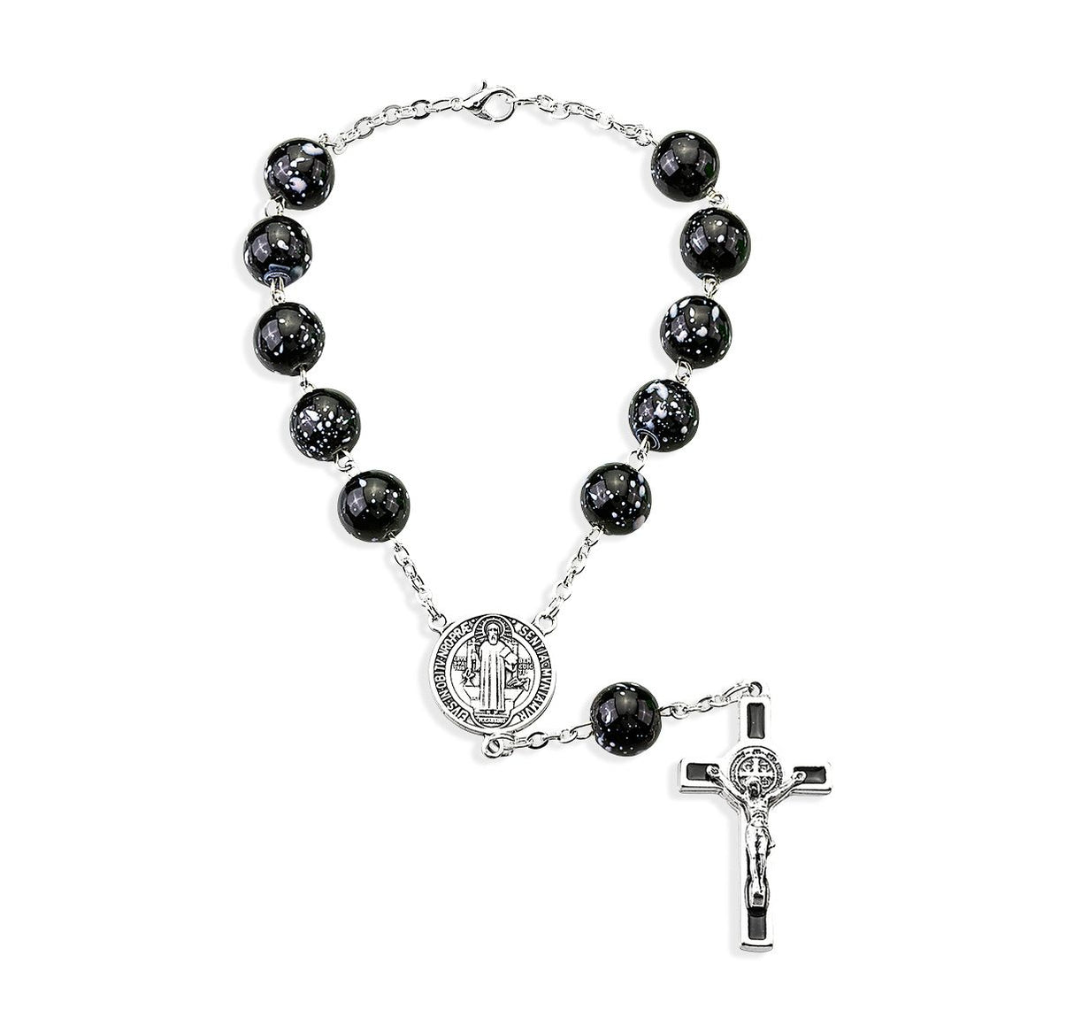 St. Benedict Black Glass Bead Auto Rosary