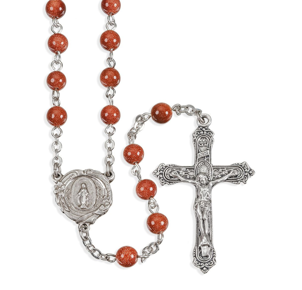 6mm Genuine Gold Sand Stone Bead Rosary, Boxed