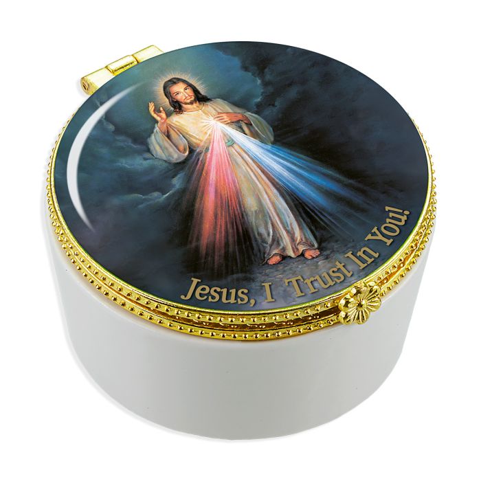 Porcelain Rosary Box with Divine Mercy Glass Cover 1 1/2" high x 2 3/8" diameter-P65