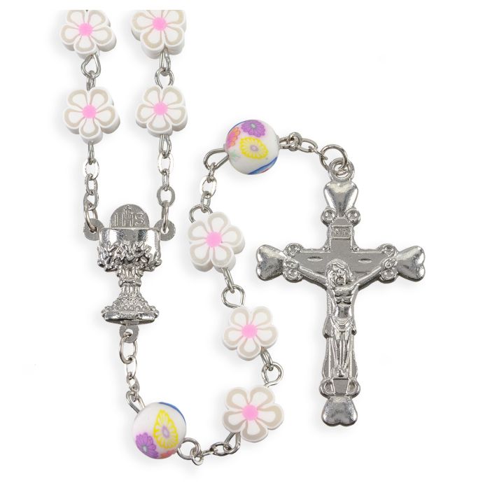 8mm White Floral Shaped Bead Rosary