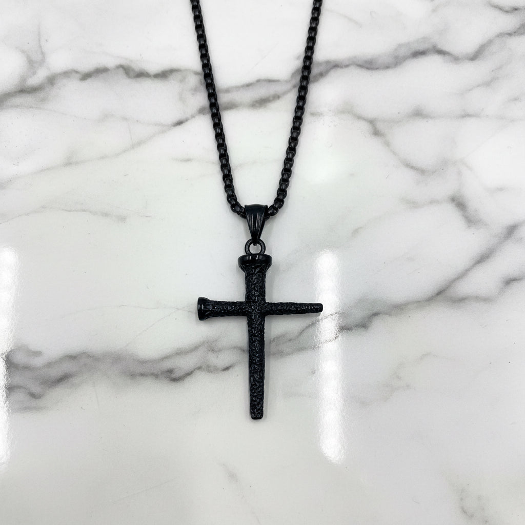 MEN'S BLACK PLATED STAINLESS STEEL CROSS NECKLACE