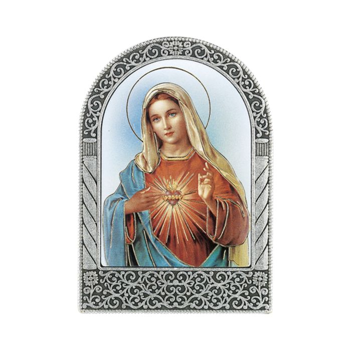Antique Silver Metal Arched Easel with Gold Embossed Immaculate Heart of Mary Print