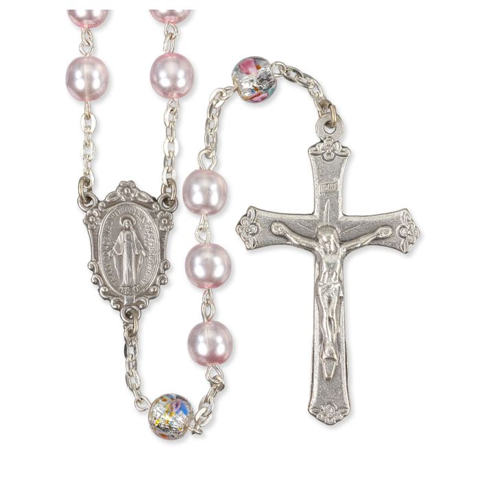 Rose Pearl Bead Rosary with Floral Our Father Beads