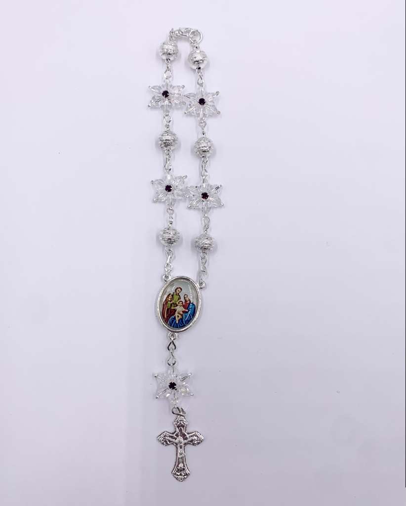 SILVER ONE-DECADE ROSARY WITH  CLEAR STARS