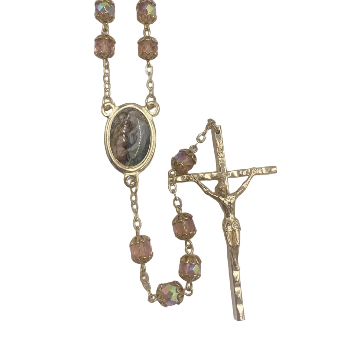 23"GOLD AND PINK ROSARY WITH HOLY FAMILY CENTER