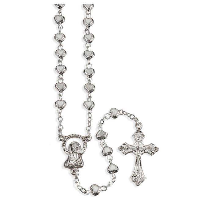 4mm White Epoxied Heart Shaped Bead Rosary with Oxidized Center and Crucifix