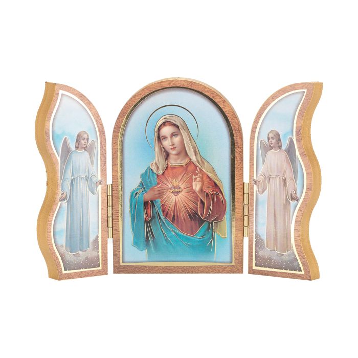 Immaculate Heart of Mary Standing Natural Wood Triptych