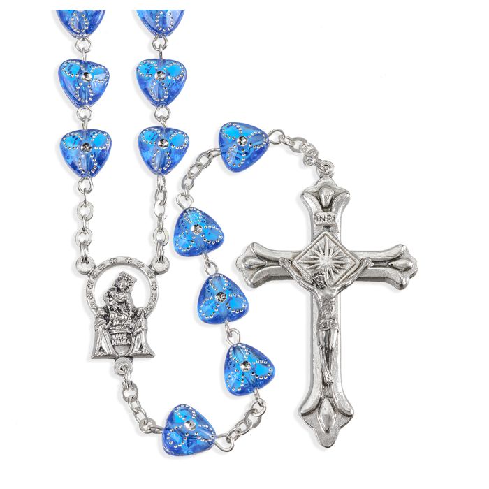 SAPPHIRE ETCHED HEART SHAPED BEAD ROSARY