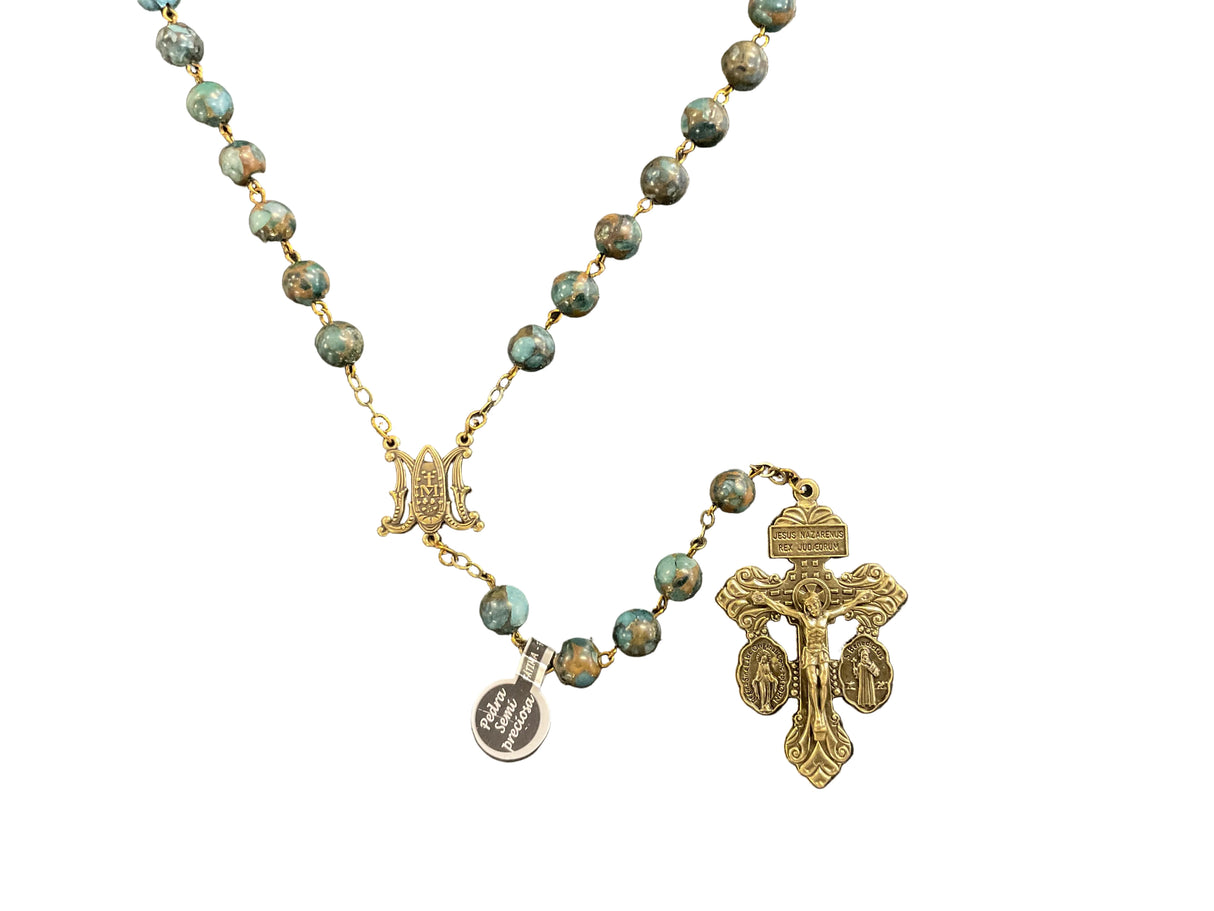 BLUE LAKE SEMI PRECIOUS STONE PARDON CROSS ROSARY