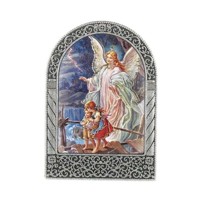 Antique Silver Metal Arched Easel with Gold Embossed Our Lady of Grace Print