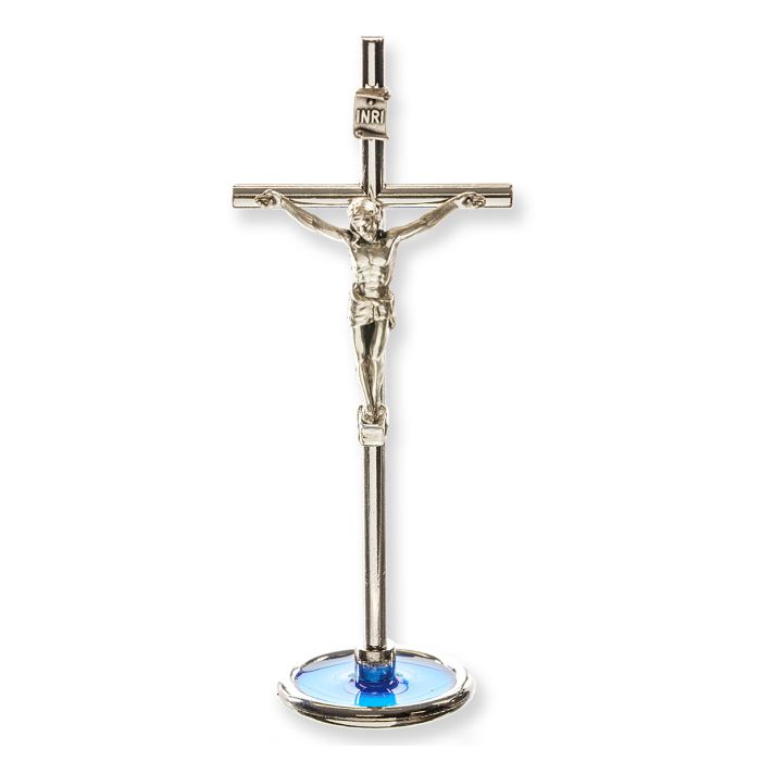 4" Silver Tone Metal Crucifix with Transluscent Blue Epoxy Base