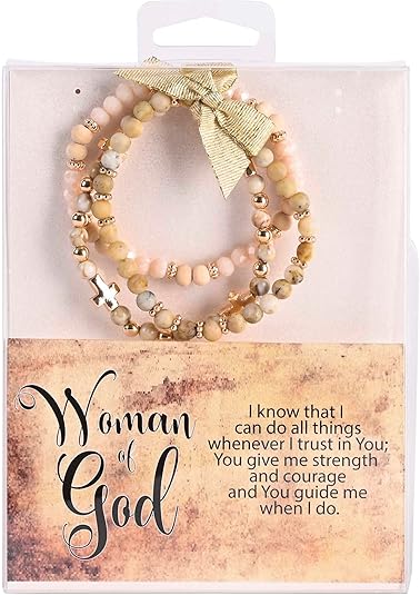 Dicksons Woman Of God 2.5 Inch Ivory and Ecru Agate Stone Metal and Wood Women's Triple Stretch Bracelet
