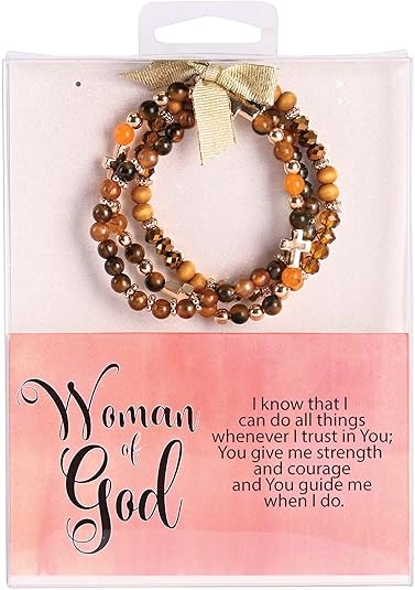 Dicksons Woman Of God 2.5 Inch Brown and Orange Agate Stone Metal and Wood Women's Triple Stretch Bracelet