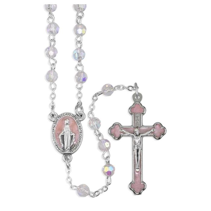 5mm Tin Cut Crystal Rosary with Silver Findings, Mir. Medal Center and Crucifix with Pink Epoxy