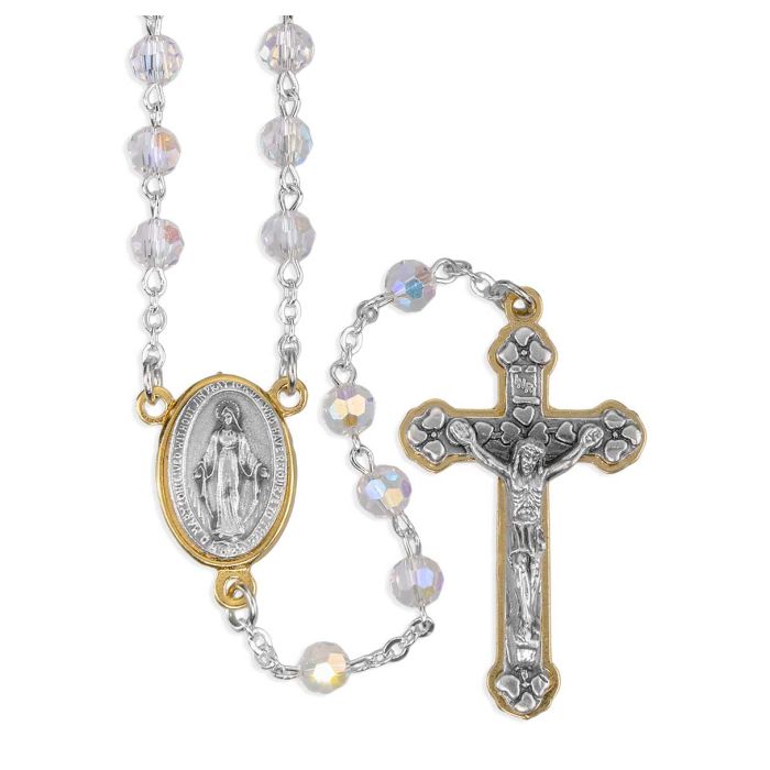 6mm Tin Cut Crystal Rosary with Silver Findings with Miraculous Medal Centerpiece and Stepped Up 2" Crucifix in Gray Velvet Box