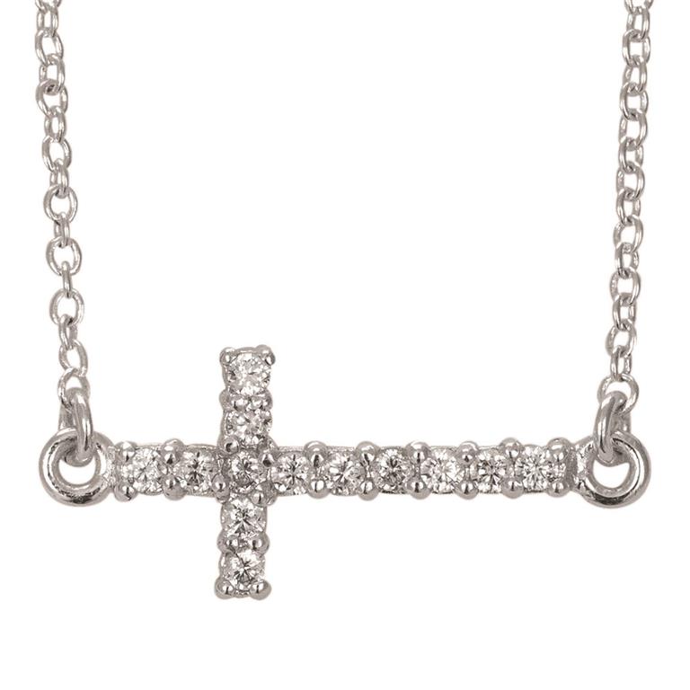 SIDEWAYS CZ CROSS SILVER PLATE 18" CHAIN