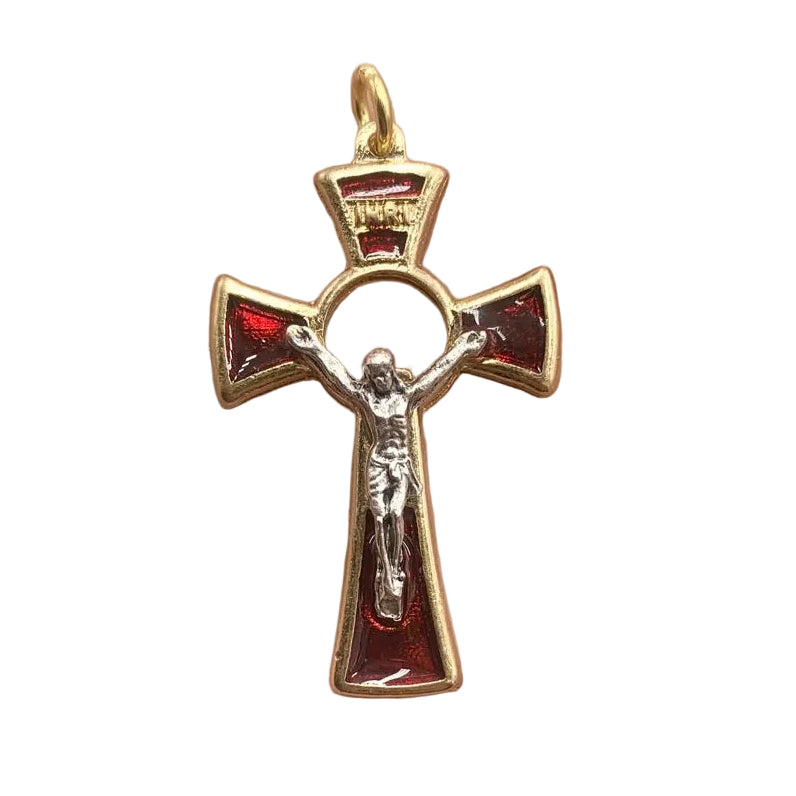 1.5" SMALL GOLD AND RED  ROUND CRUCIFIX