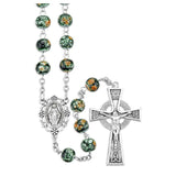 8mm Glass Emerald Marbelized Bead Rosary with Silver Ox Center and Celtic Crucifix