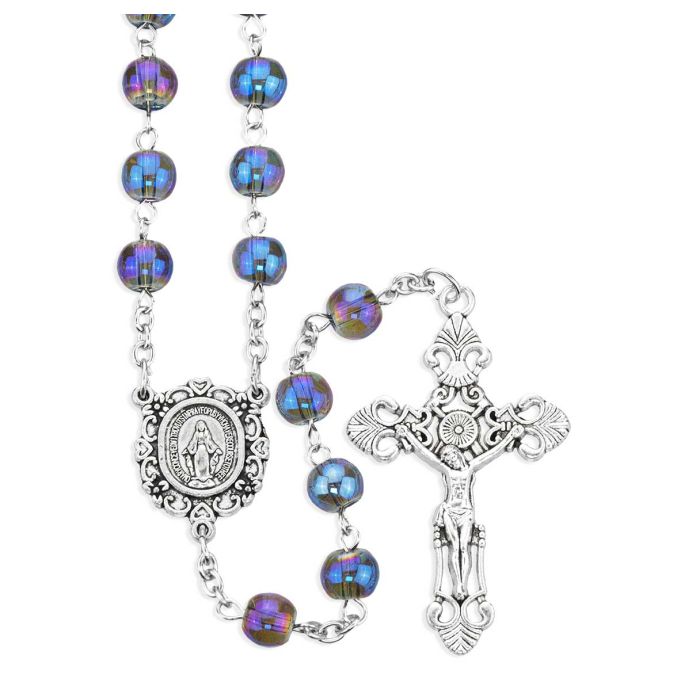 8mm Glass Sapphire Aurora Borealis Bead Rosary with Silver Ox Center and Crucifix
