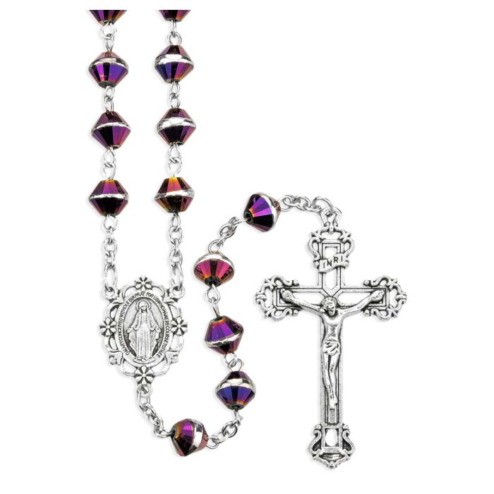 8mm Bi-cone Amethyst Crystal Bead Rosary with Silver Ox Center and Crucifix