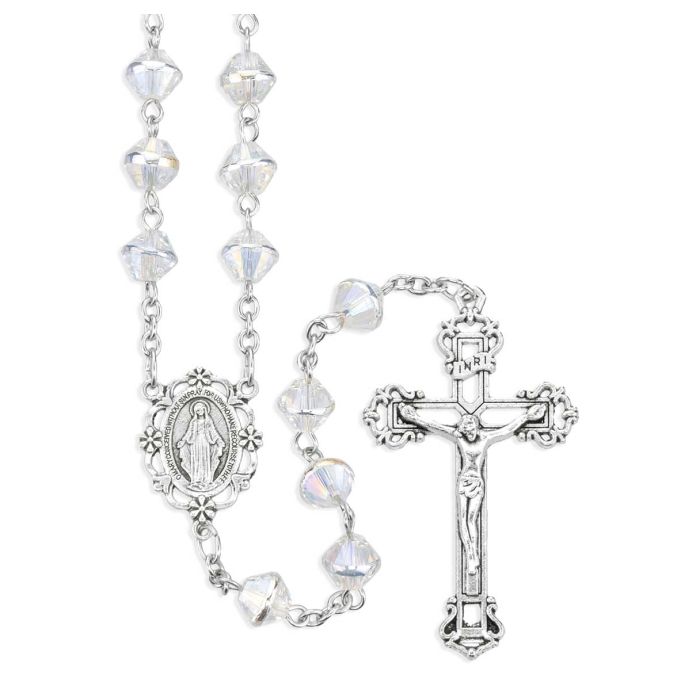 8mm Bi-cone Clear Crystal Bead Rosary with Silver Ox Center and Crucifix