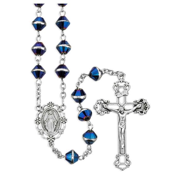 8mm Bi-cone Dark Blue Sapphire Crystal Bead Rosary with Silver Ox Center and Crucifix