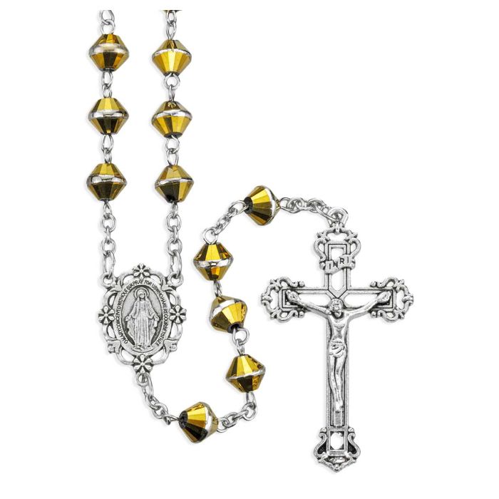 8mm Bi-cone Gold Crystal Bead Rosary with Silver Ox Center and Crucifix