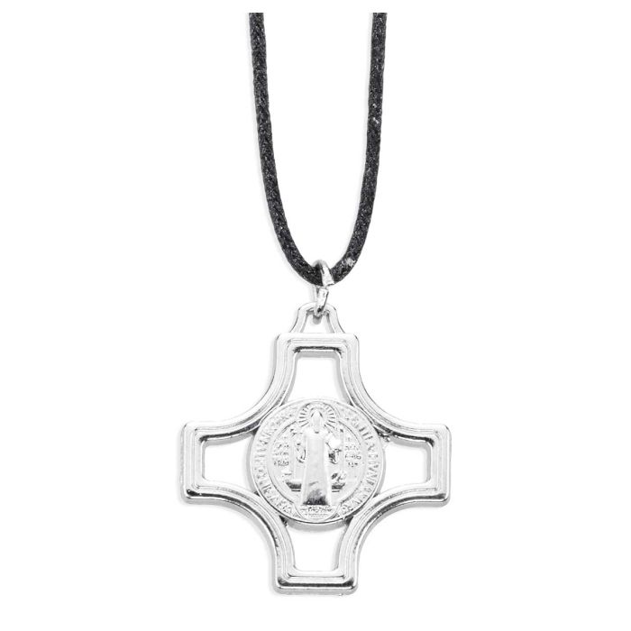 1" Silver Tone St. Benedict Medal Cross on a 20" Black Cord