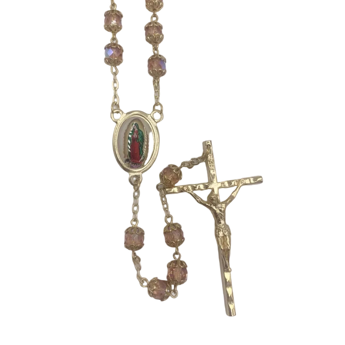 23" GOLD AND PINK ROSARY WITH  OUR LADY OF GUADALUPE CENTER
