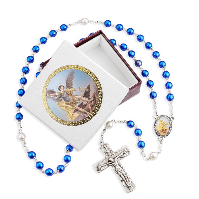BLUE PEARLIZED GLASS SAINT MICHAEL ROSARY