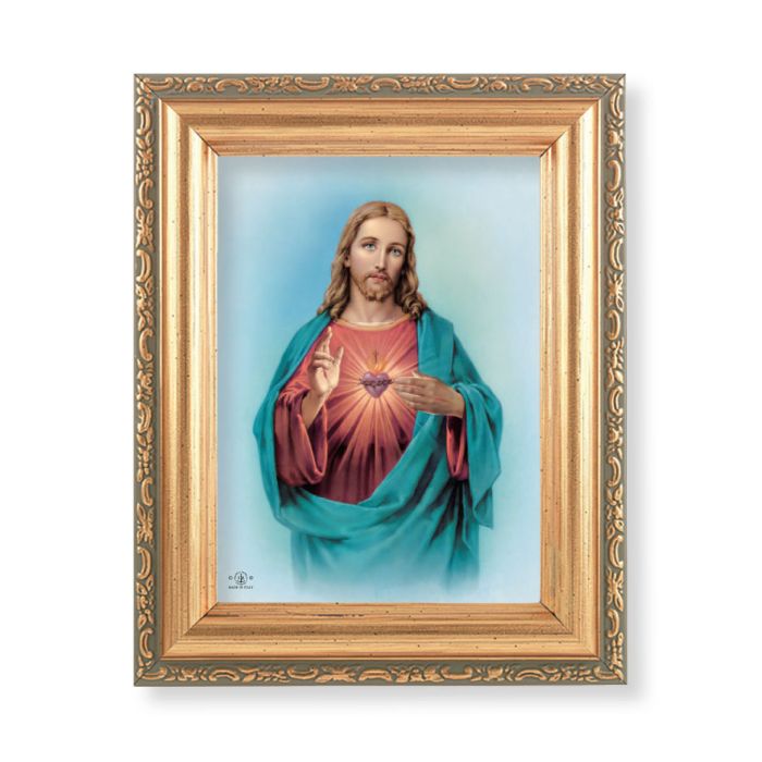 5.5" x 7" Antique Gold Frame with a Sacred Heart of Jesus Print