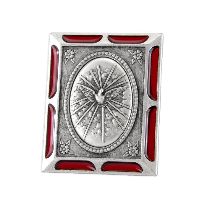 St Holy Spirit Antiqued Silver Metal Plaque with Red Accents