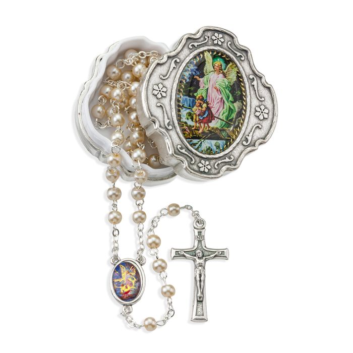 4mm Light Blue Pearlized Bead Rosary with Picture Center and Fancy Crucifix in Metal Keepsake Box