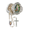 4mm Light Blue Pearlized Bead Rosary with Picture Center and Fancy Crucifix in Metal Keepsake Box