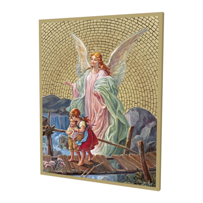 Gold Foil Mosaic Plaque of The Guardian Angel Crossing The Bridge.