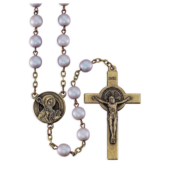 7mm Madre Perla Frosted Czech Beads Rosary with Bronze Finish Our Father Beads and St. Benedict Center