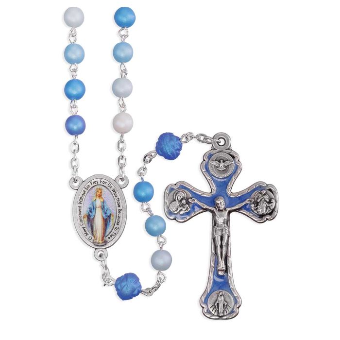 6mm Madre Perla Frosted (Multiple Blues) with 8mm Rosebud Our Father Beads, Mir Medal Ctr. and Crucifix with Matching Epoxy in Gray Velvet Box