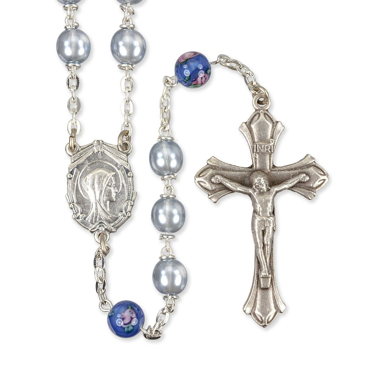 LIGHT BLUE PEARL ROSARY WITH