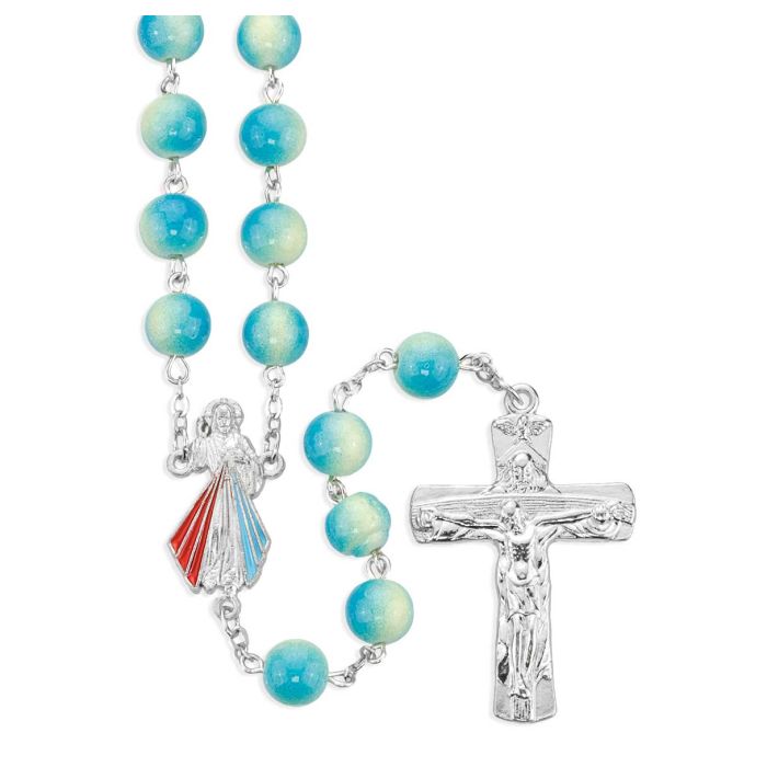 8mm Two-Tone Aqua Dyed Stone Bead Rosary with Divine Mercy Center and Trinity Crucifix