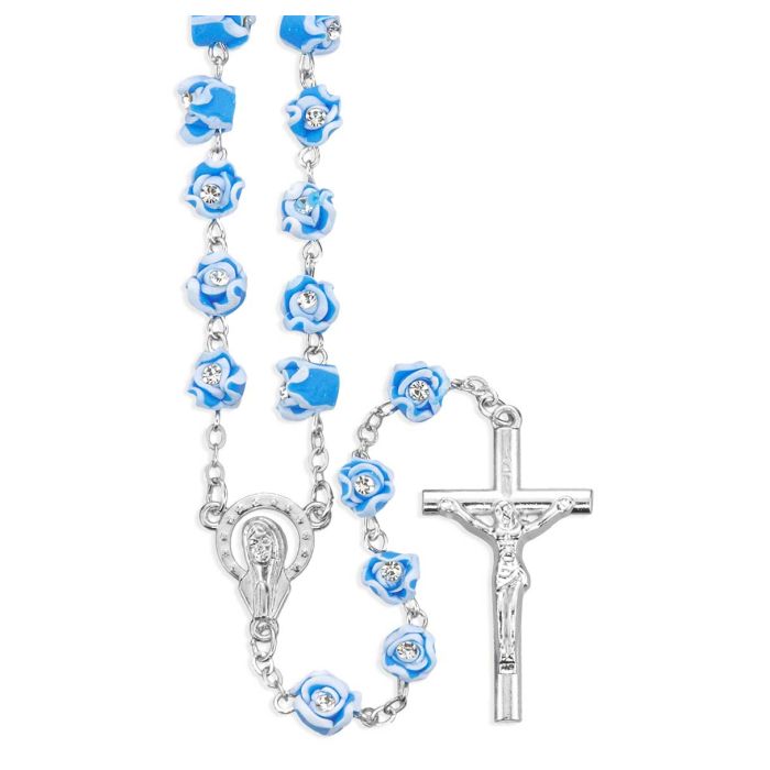 7mm Blue & White Rosebuds with Crystal Stones Bead Rosary