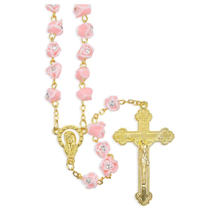 7mm Pink & White Rosebuds with Crystal Stones Bead Gold Plated Rosary
