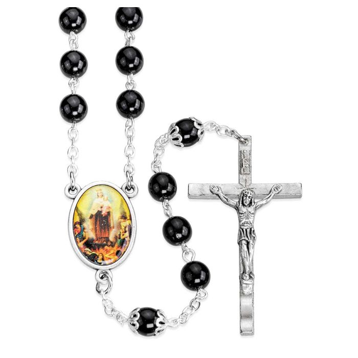 100 Requiem Rosary Black Czech Glass Beads and Photo Centerpiece, Boxed