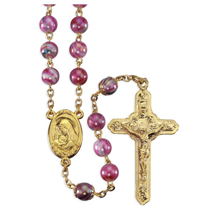 8mm Glass Swirl Design Fuchsia Bead Rosary in Gold Plating