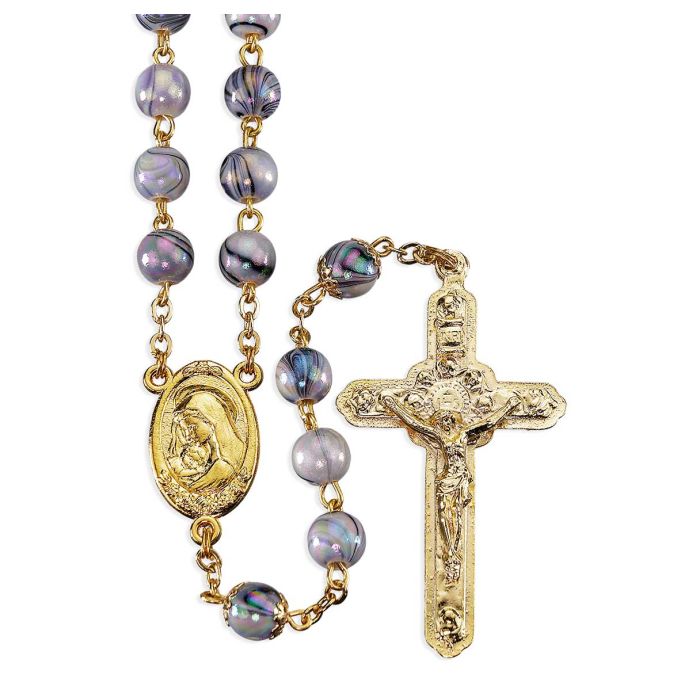 8mm Glass Swirl Design Gold Bead Rosary in Gold Plating