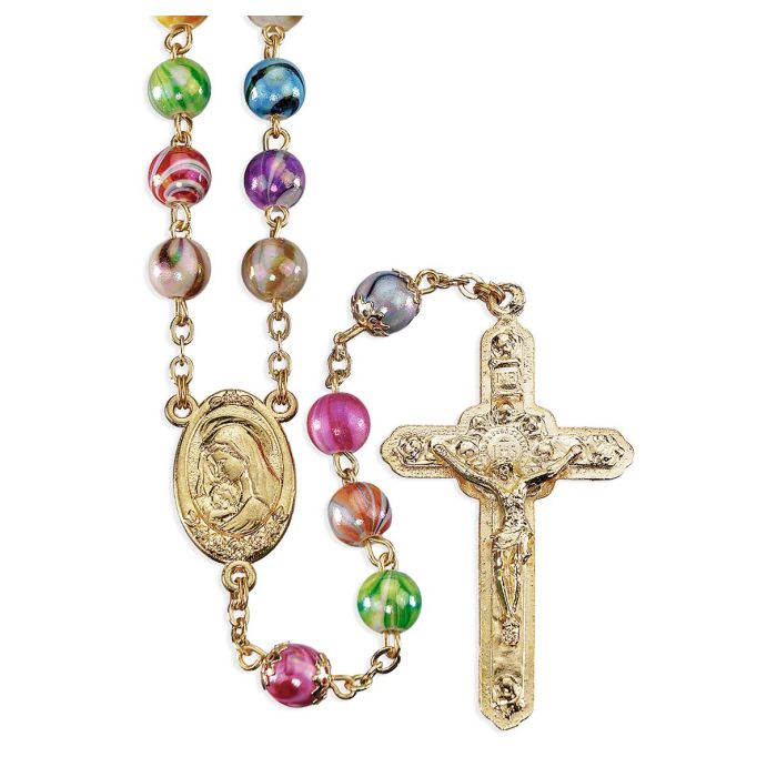 8mm Glass Swirl Design Multi-Color Bead Rosary in Gold Plating