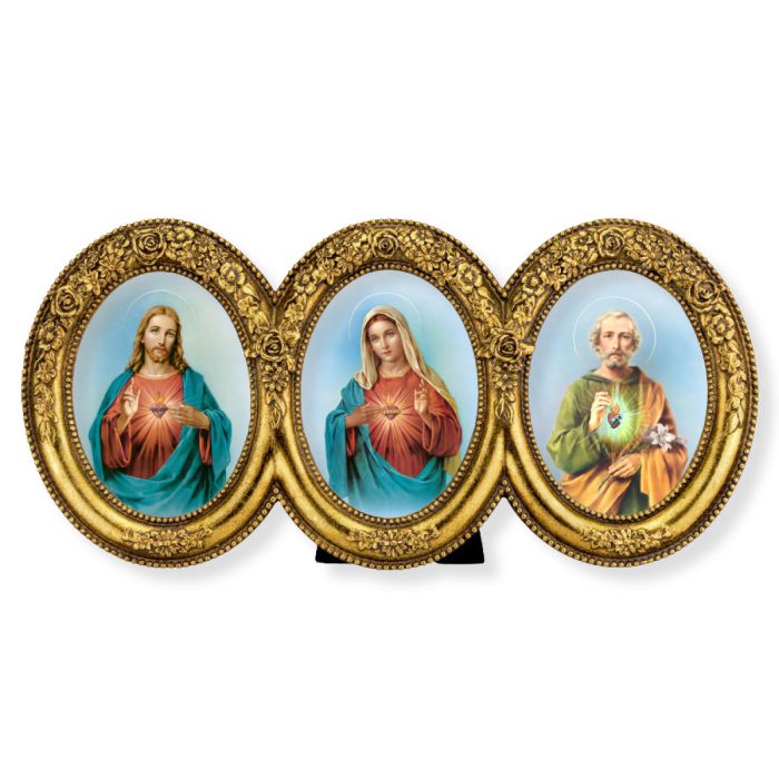 9" x 4 1/2" Hearts of Jesus, Mary and Joseph in a Triple Oval Gold Leaf Frame with Flowered Decoration Under Glass.-P65 D1